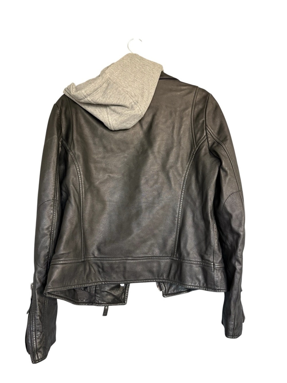 John + Jenn Black Lambskin Leather Moto Jacket w/ Gray Hood Insert Size M - Picture 6 of 9